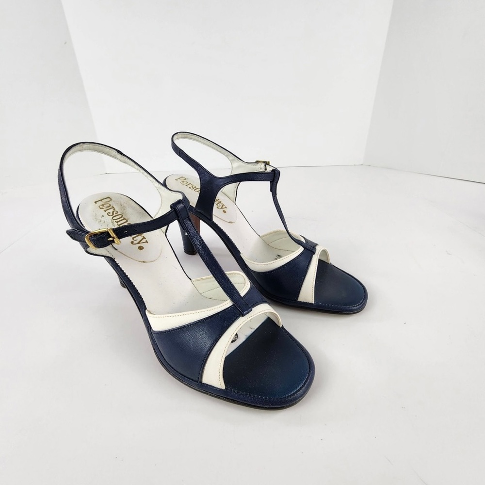 Stunning vintage navy and white T-bar open-toed sandal pumps, size 7.5 narrow - Picture 2 of 10